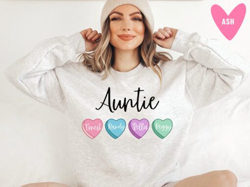 personalized aunt sweatshirt with heart candy and niece nephew names trendy pink valentines day sweater for auntie zc2yp scaled