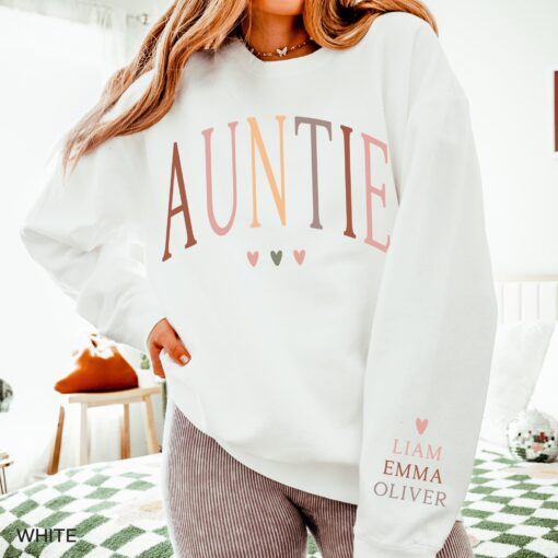 personalized aunt sweatshirt with kids names custom gift for auntie birthday shirt unique auntie sweater