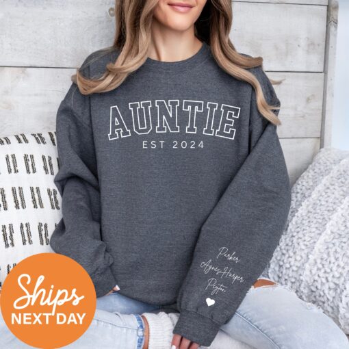 personalized auntie sweatshirt with kids names custom auntie established sweatshirt for pregnancy announcement and new aunt gifts