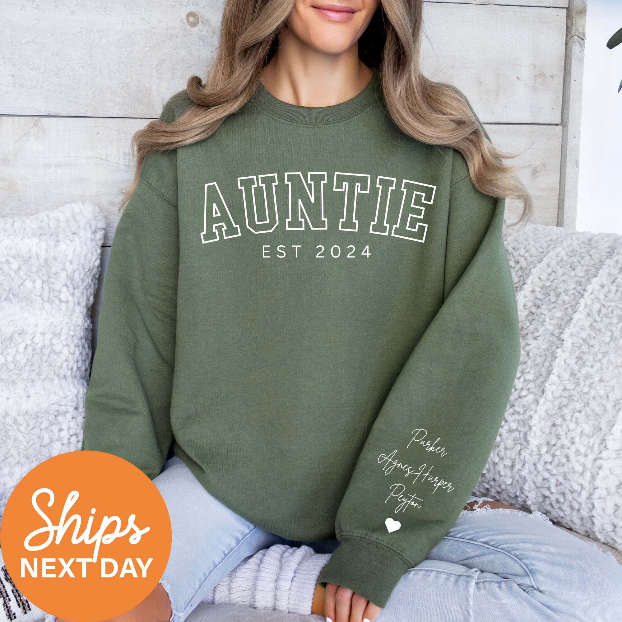 personalized auntie sweatshirt with kids names custom auntie established sweatshirt for pregnancy announcement and new aunt gifts