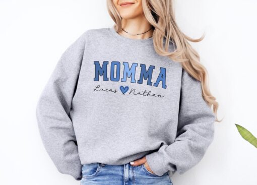 personalized boy mom sweatshirt with kids names custom momma gift unique mom life apparel for mothers day