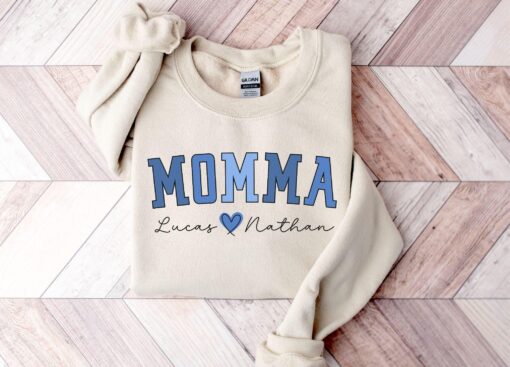 personalized boy mom sweatshirt with kids names custom momma gift unique mom life apparel for mothers day