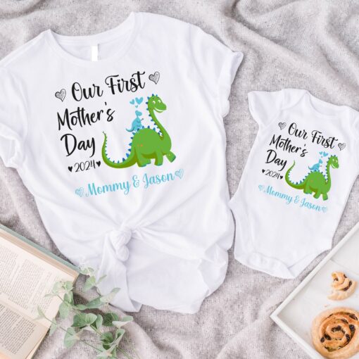 personalized first mothers day shirt for mom and baby matching dinosaur tee unique new mom gift idea