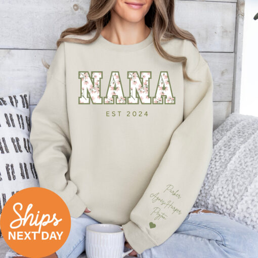 personalized floral nana sweatshirt with kids names custom grandma sweater for mothers day or pregnancy announcement vvwjq