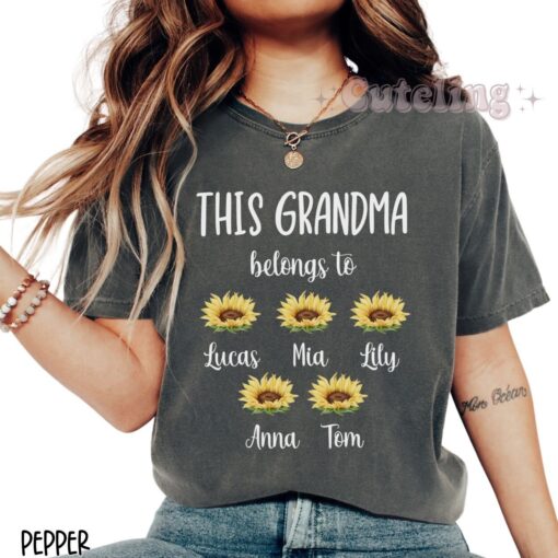 personalized grandma shirt with kids names sunflower design mothers day gift comfort colors top for new grandmothers pgllf