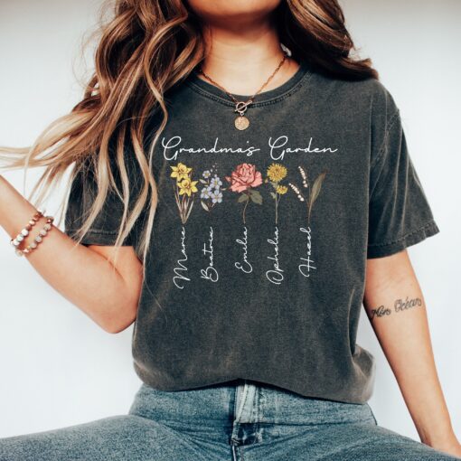 personalized grandmas garden shirt with birth month flowers and grandkids names unique mothers day gift for grandma