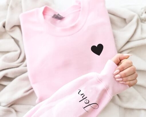 personalized heart sweatshirt with custom names on sleeve customizable crewneck hoodie unique gift for her qsymk