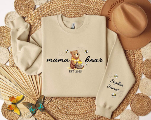 personalized mama bear sweatshirt with kid name on sleeve custom mom shirt for mothers day unique new mom gift pyhkc