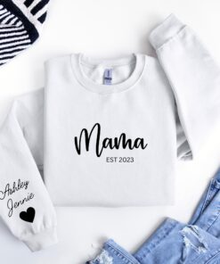 personalized mama est 2024 sweatshirt with custom names on sleeve for mom life gift and trendy style ojsxo