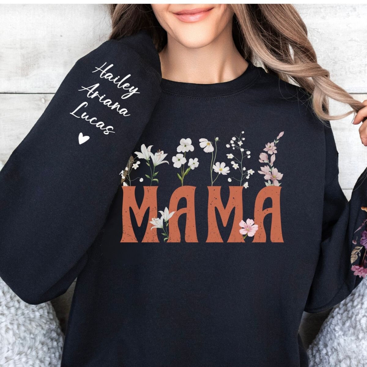 personalized mama est sweatshirt with kids names on sleeve for mothers day birthday gift for new moms and flower mamas d4qyt