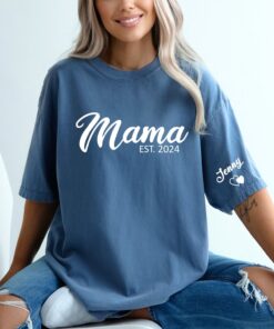 personalized mama shirt with kids name on sleeve custom mom life shirt for mothers day and new mom announcement p71tc