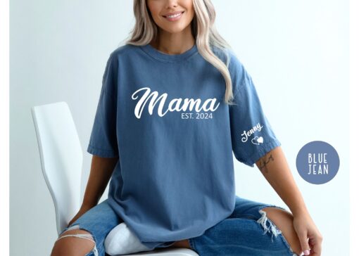 personalized mama shirt with kids name on sleeve custom mom life shirt for mothers day and new mom announcement p71tc
