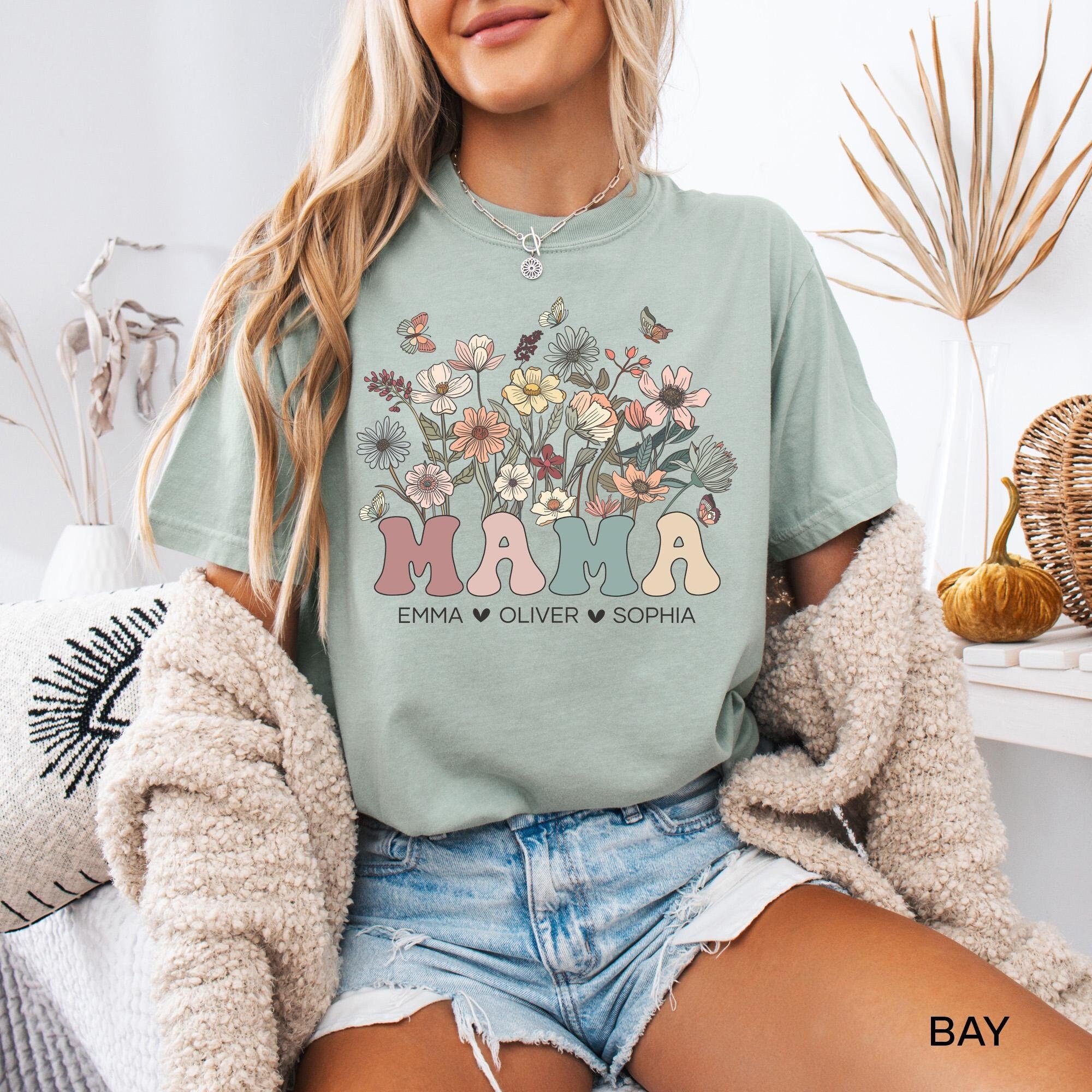 personalized mama shirt with kids names and wildflowers for mothers day custom gifts cute mom t shirt cvz12