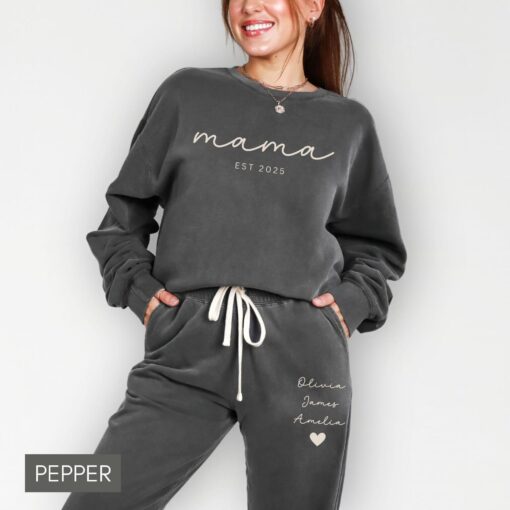 personalized mama sweatshirt and sweatpants set with kid names for mothers day unique mom life outfit guzs3