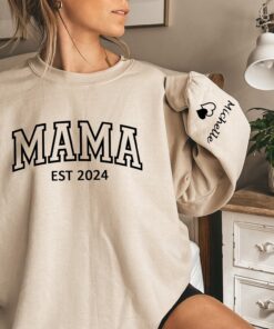 personalized mama sweatshirt with kids name on sleeve for mothers day new mom gift pregnancy announcement xegdk