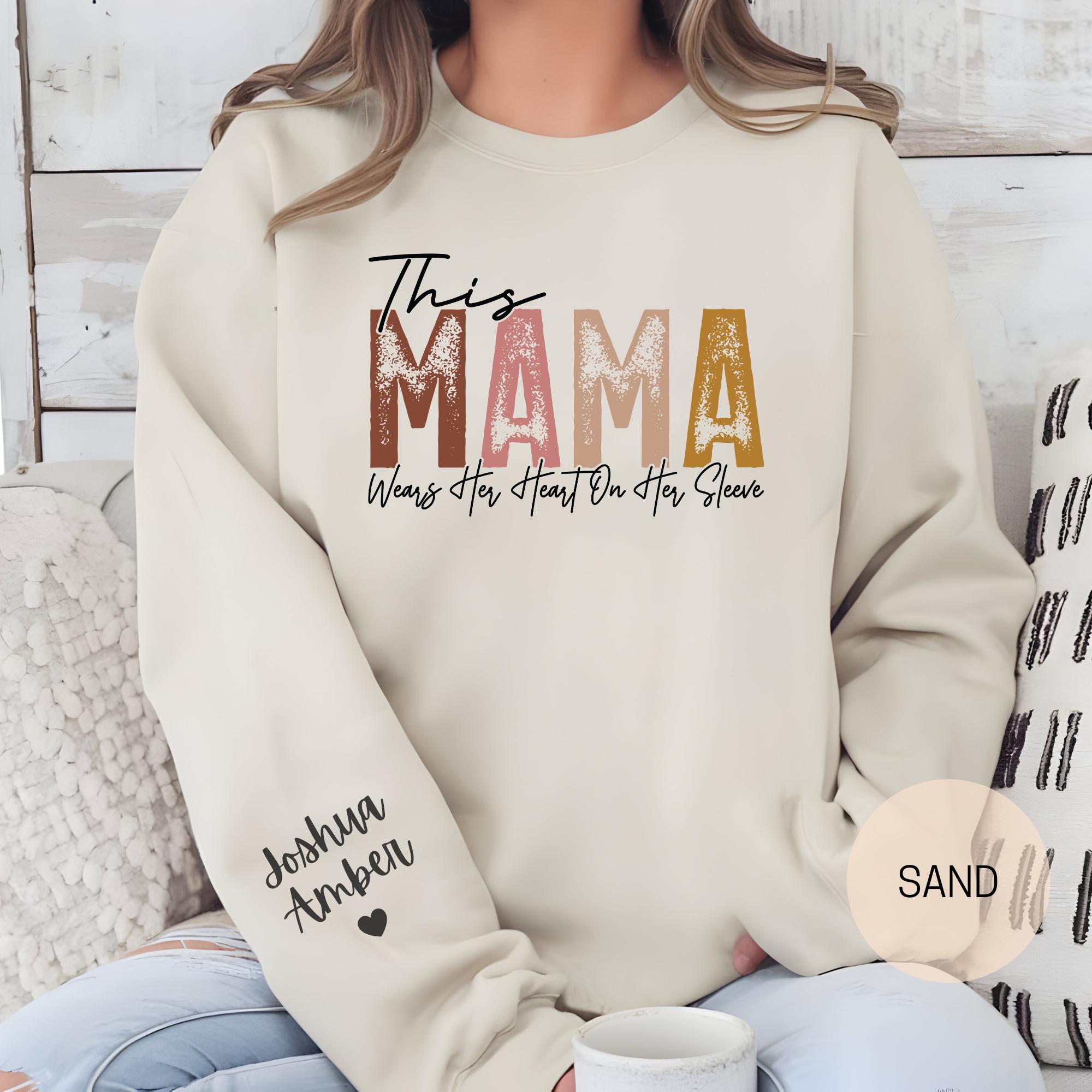 personalized mama sweatshirt with kids names custom heart on sleeve design for mothers day gift and mom life w7p2i