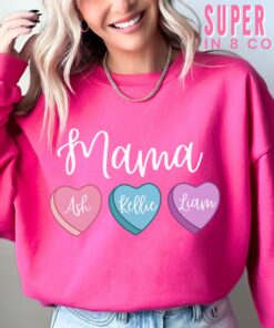 personalized mama sweatshirt with kids names for valentines day pink heart long sleeve mom shirt 56xvg