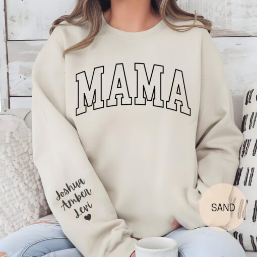 personalized mama sweatshirt with kids names on sleeve custom mom crewneck sweater unique mothers day gift idea w1ogc