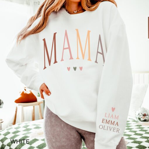 personalized mama sweatshirt with kids names on sleeve for mothers day custom mom shirt unique gift idea