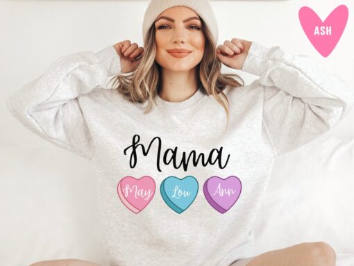 personalized mama valentines day sweatshirt with kids names pink heart long sleeve mom shirt for mothers day and valentines day nnp6k scaled