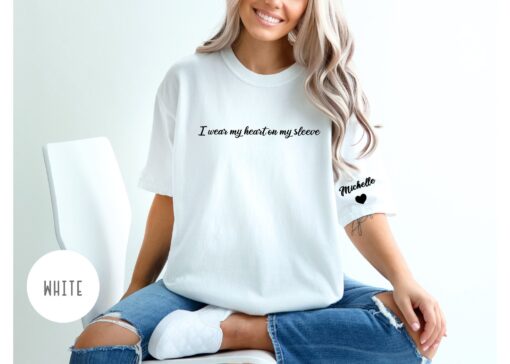 personalized mom shirt with kids name on sleeve funny mama shirt i wear my heart on my sleeve new mom gift 3z2nm