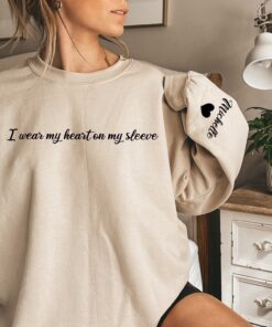 personalized mom sweatshirt with kid name on sleeve cute mama crewneck i wear my heart on my sleeve new mom gift imjgm