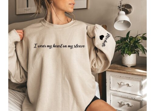 personalized mom sweatshirt with kid name on sleeve cute mama crewneck i wear my heart on my sleeve new mom gift imjgm