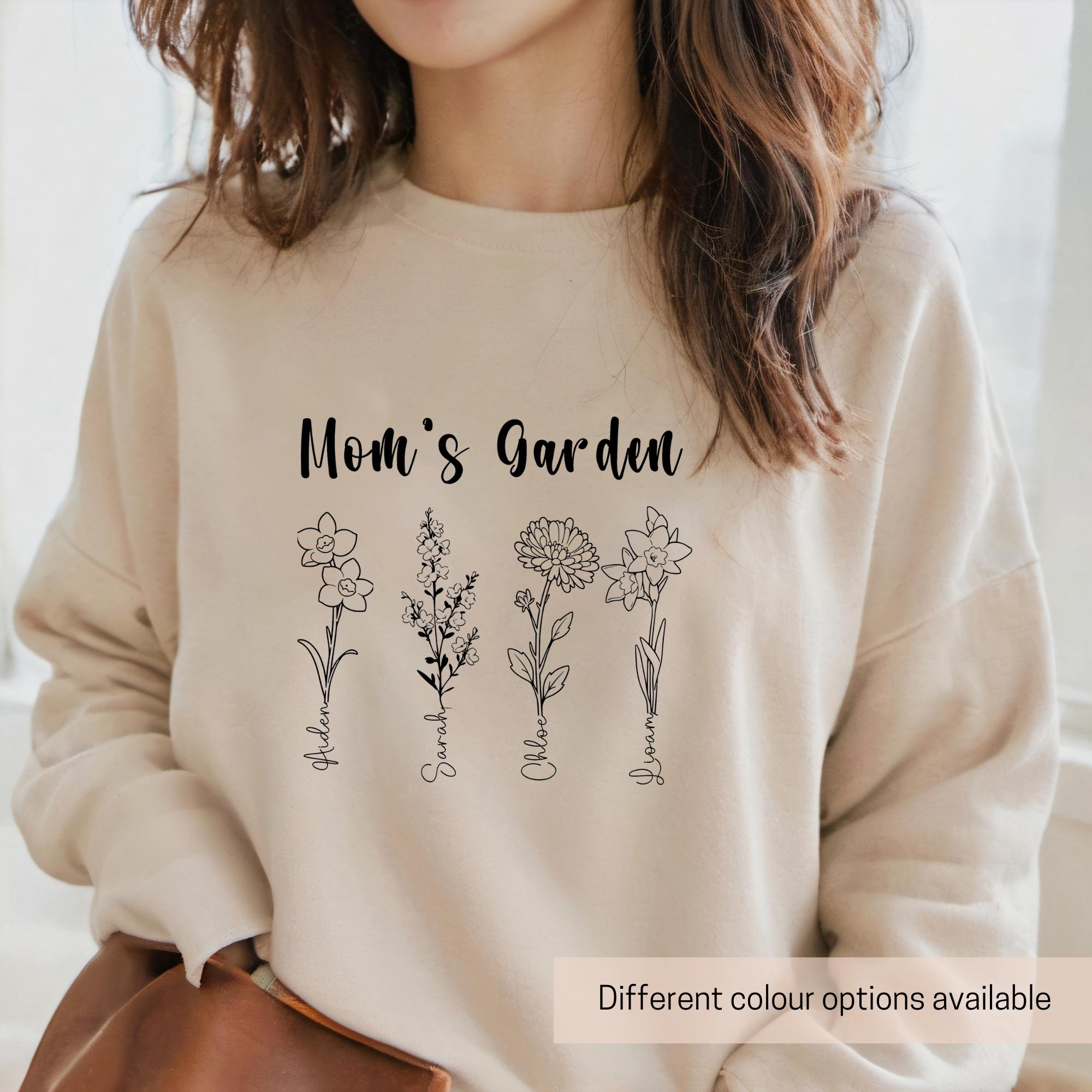 personalized moms garden shirt with birth flowers and kids names custom sweatshirt for mothers day gift