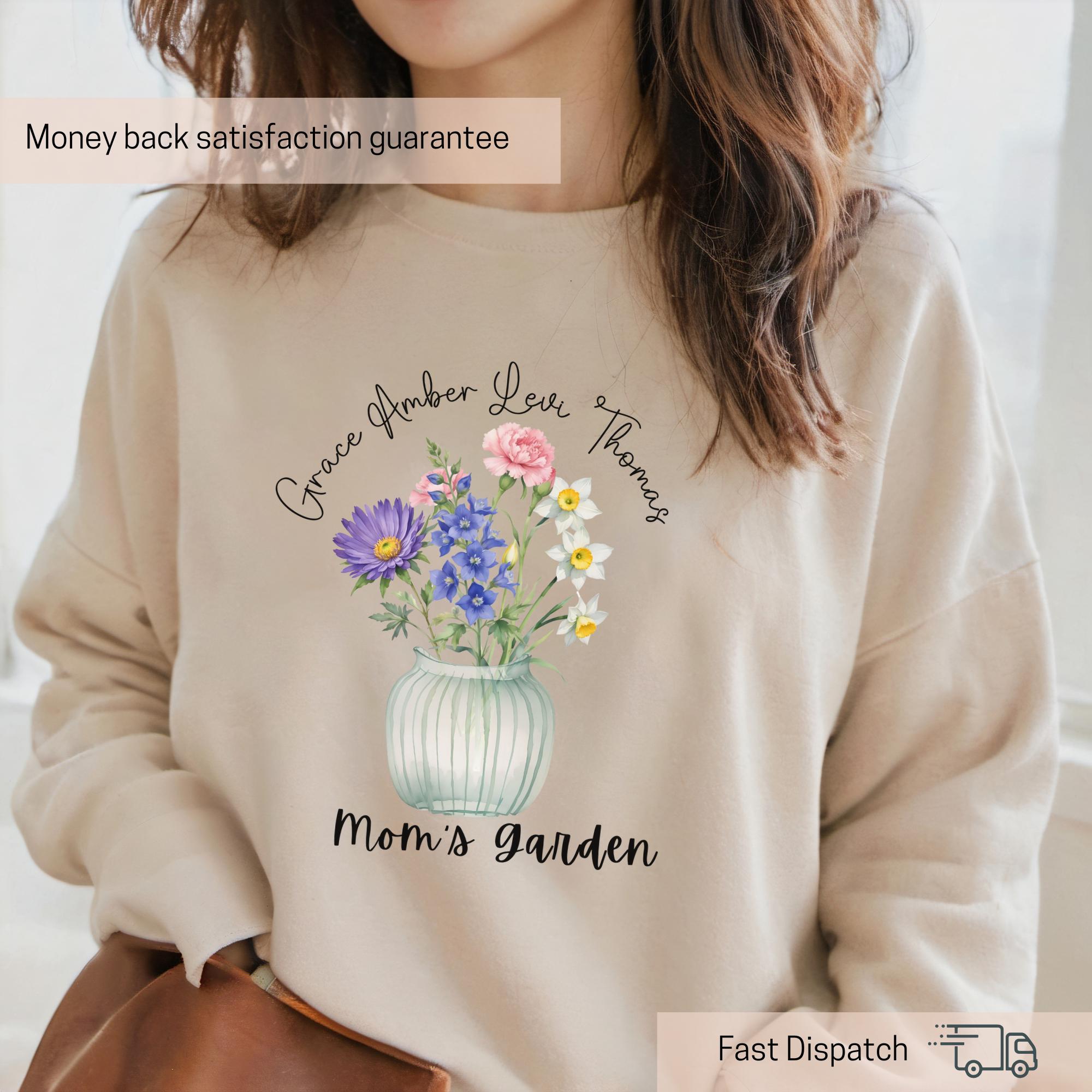 personalized moms garden shirt with birth flowers and kids names for mothers day custom sweatshirt hoodie for moms tqtm4