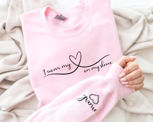 personalized mothers day t shirt and sweatshirt with kids names on sleeve i wear my heart on my sleeve mom shirt