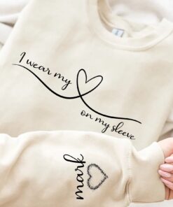 personalized mothers day t shirt and sweatshirt with kids names on sleeve i wear my heart on my sleeve mom shirt uwk2a