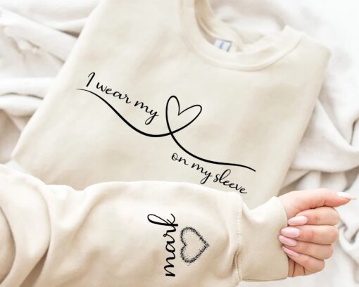 personalized mothers day t shirt and sweatshirt with kids names on sleeve i wear my heart on my sleeve mom shirt uwk2a