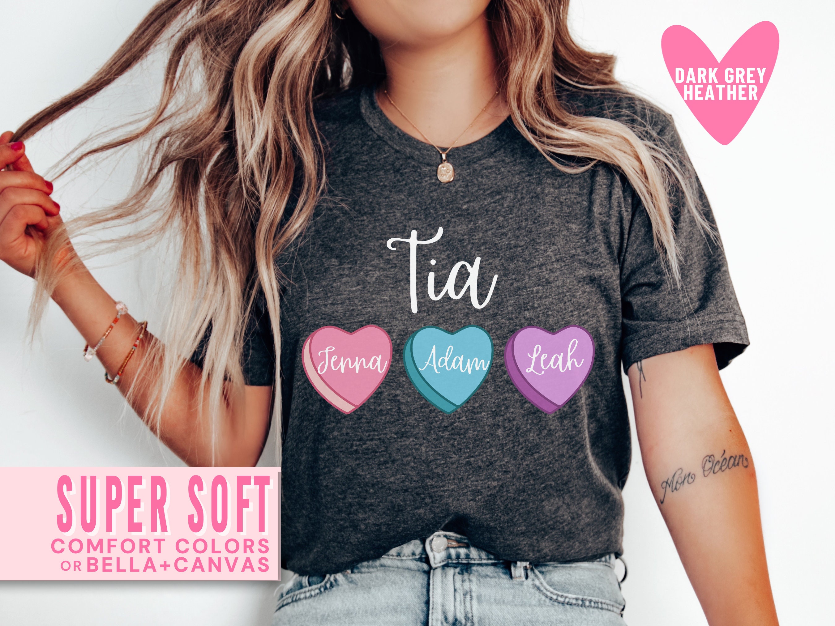 personalized pink tia shirt for valentines day with heart candy and kids names trendy aunt sweatshirt in spanish fqrws scaled