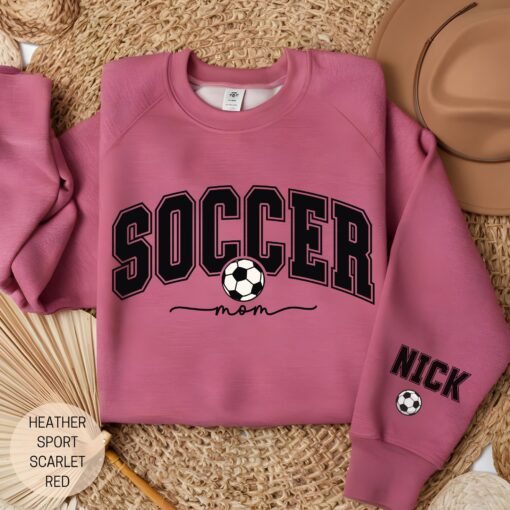 personalized soccer mama sweatshirt with custom kids names on sleeve cute mom crewneck for soccer moms h90ib