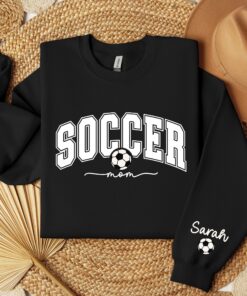 personalized soccer mom sweatshirt with kids name on sleeve for game day sports mom gift soccer mama hoodie laaon