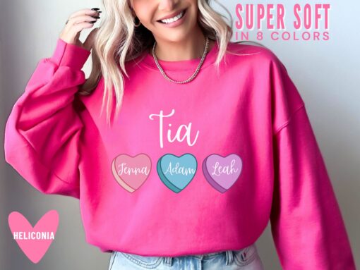 personalized valentines day sweatshirt for tia with kids names cute heart candy design pink aunt sweater in spanish pi2po scaled
