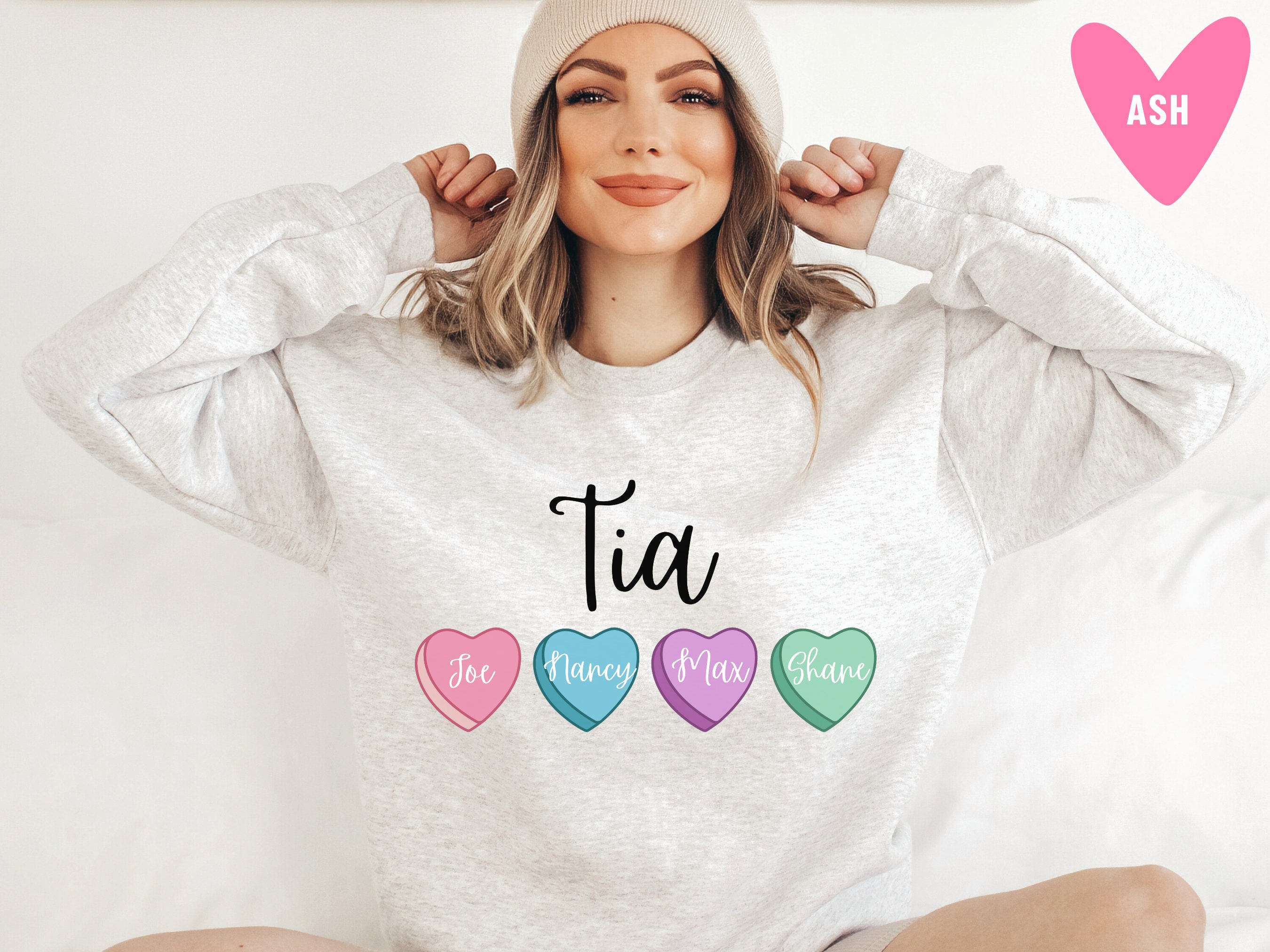 personalized valentines day sweatshirt for tia with niece and nephew names cute heart candy design in pink km0hd scaled