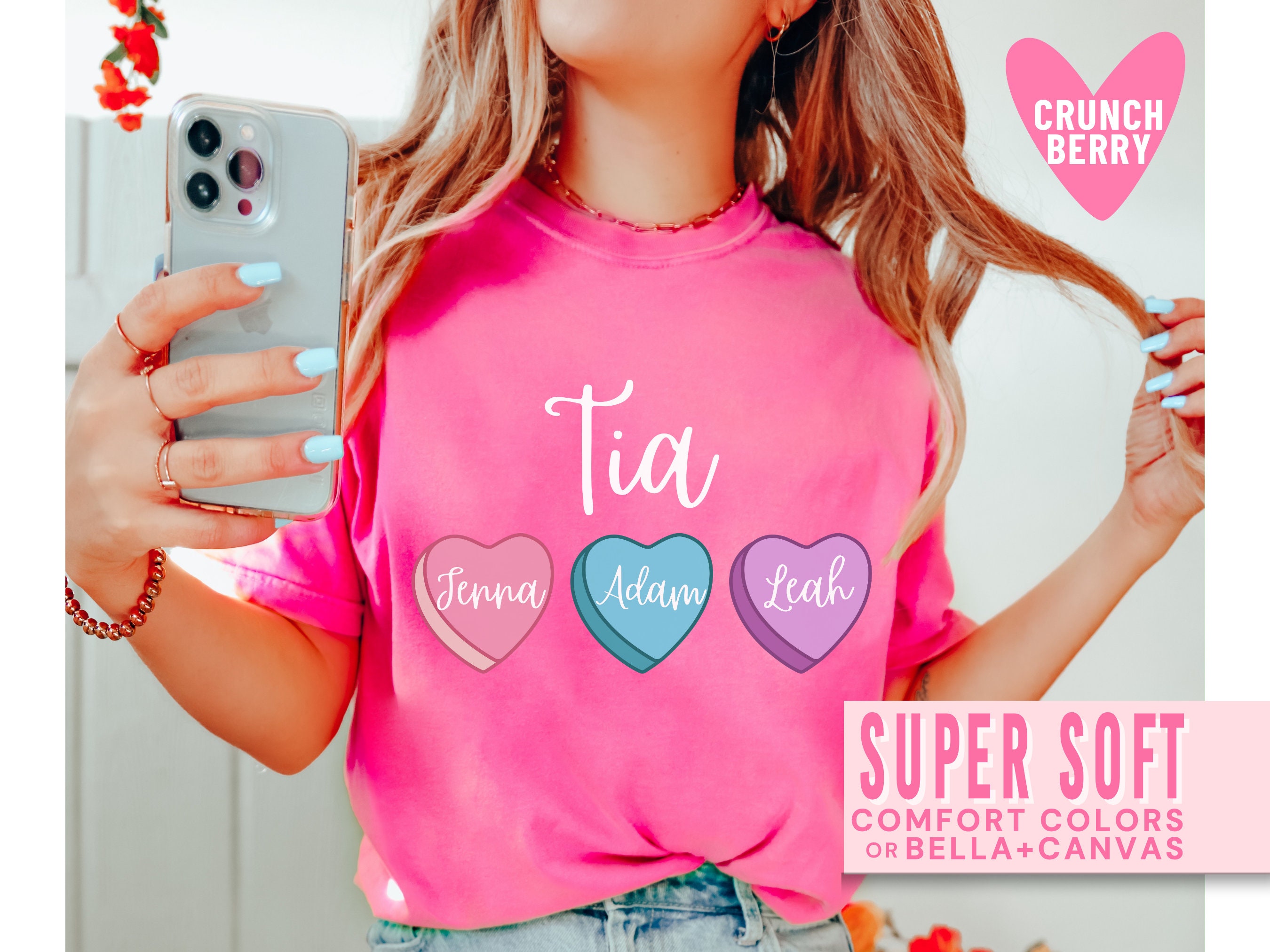 personalized valentines day tia shirt with heart candy and kids names in spanish trendy pink sweatshirt for aunt v3ubq scaled