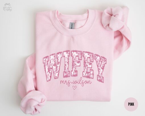 personalized wifey sweatshirt custom bridal shower gift floral honeymoon crewneck for new bride getting ready outfit
