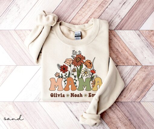 personalized wildflowers mama sweatshirt with kids names custom mothers day gift crewneck for mom life b7yun