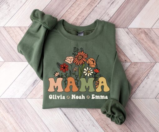 personalized wildflowers mama sweatshirt with kids names custom mothers day gift crewneck for mom life