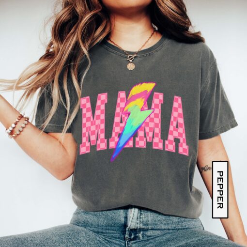 pink checkered mama shirt with brush stroke lightning bolt tee for mothers day and new mom gifts laktl scaled