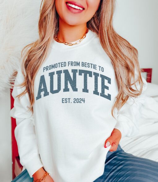 promoted from bestie to auntie 2024 sweatshirt pregnancy announcement gift for new aunts and best friends mircl