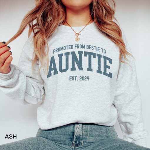 promoted from bestie to auntie 2024 sweatshirt pregnancy announcement gift for new aunts and best friends