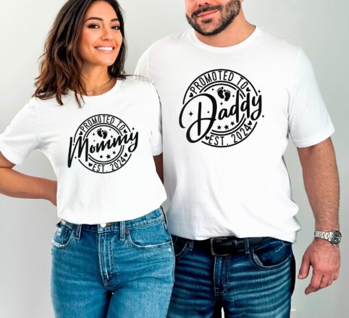 promoted to mommy and daddy established 2024 matching shirts for mom to be and dad to be unique family gifts