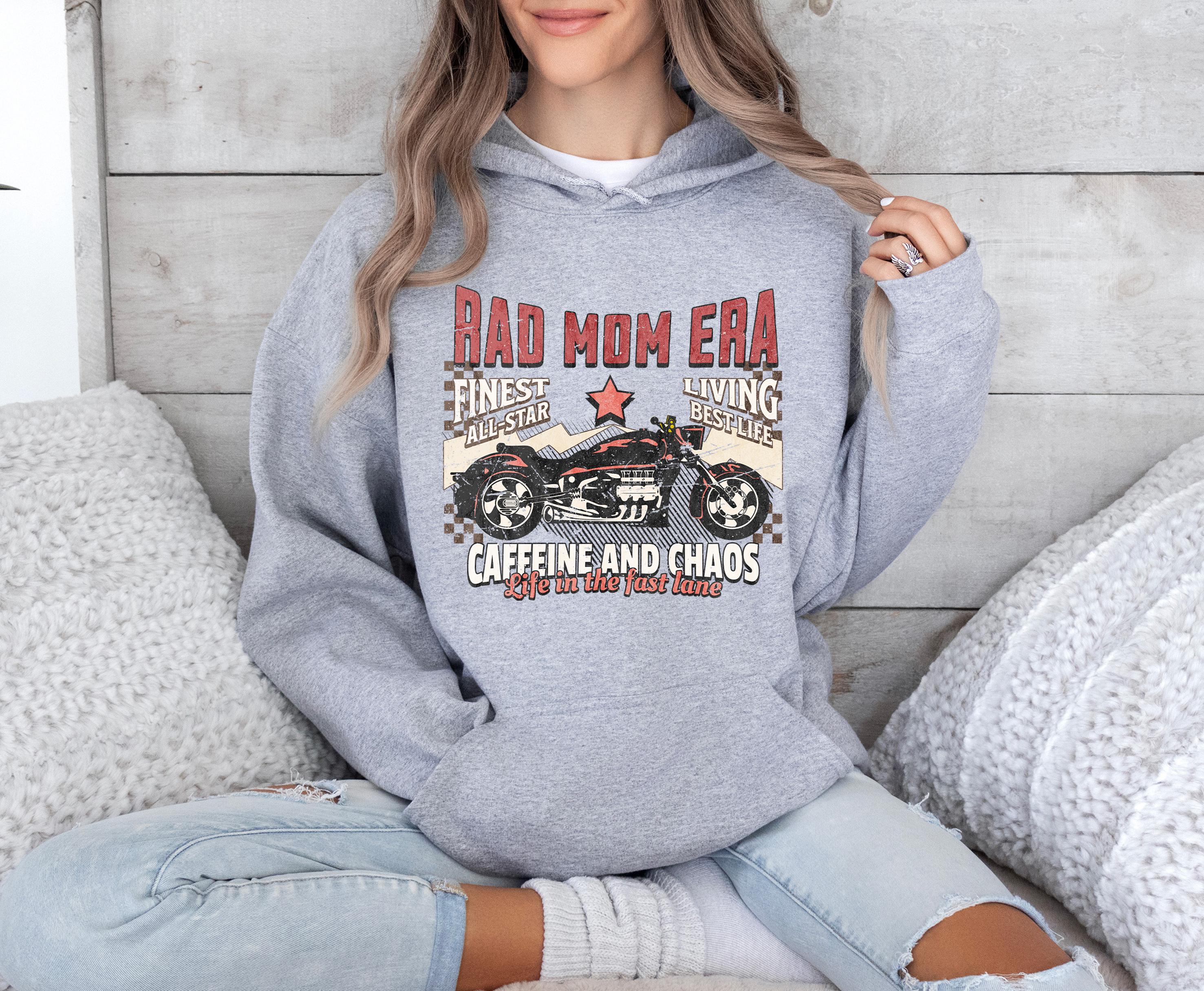 rad mom era hoodie caffeine and chaos sweatshirt funny mom shirt retro mama apparel for cool moms and badass mamas j6nmq scaled