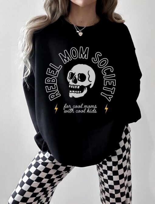 rebel mom society graphic crewneck sweatshirt for women edgy badass mom shirt trendy mama apparel 3j3dm