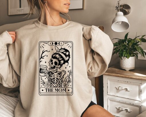 skeleton mom sweatshirt with tarot card design unique skull mom hoodie for mothers day funny mom life crewneck 8m08h