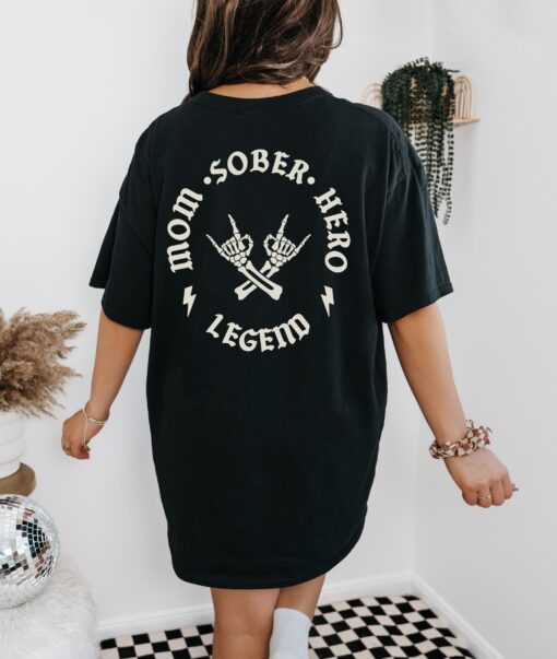 sober mom hero graphic tee for women celebrating sobriety recovery and sober life in aa na support