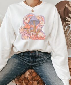 stay weird retro t shirt with boho mushroom design and floral print for unique hippie style zbsaj